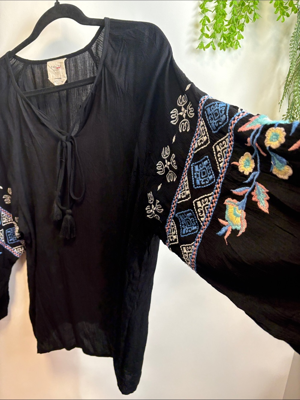 Harper Black Embroidered Peasant Tunic with Blue & White Accents - Picture 8 of 9
